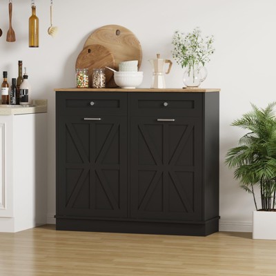 Double Tilt Out Trash Cabinet 20 Gallon,Hidden Wooden Trash Can Cabinet, Farmhouse Laundry Hamper Cabinet