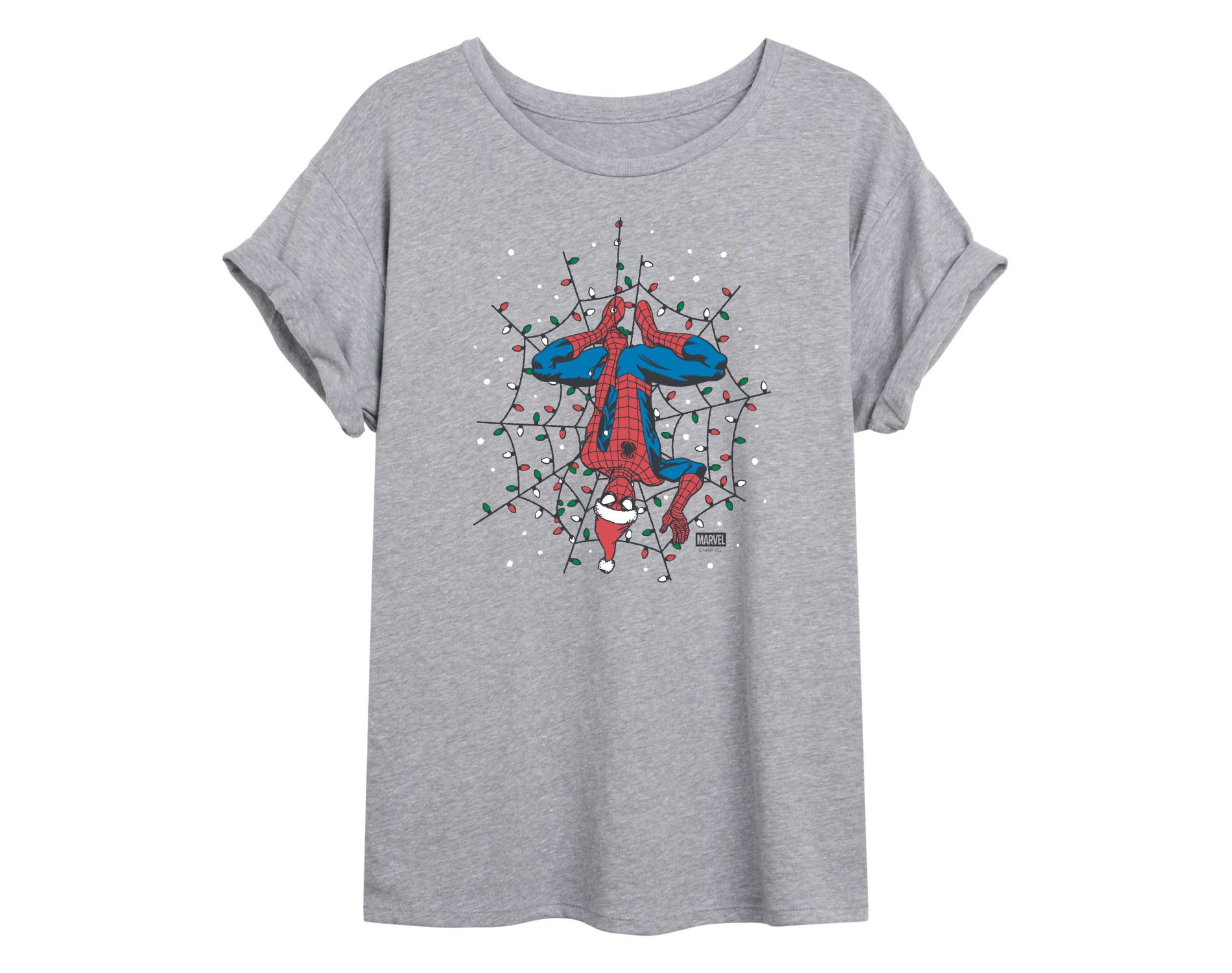 Women's Marvel Holiday Lights Spider Man Oversized Graphic T-Shirt - Heather Grey - Large