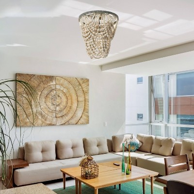 White 2-Tier Draped Wood Bead Semi-Flush Mount Ceiling Light