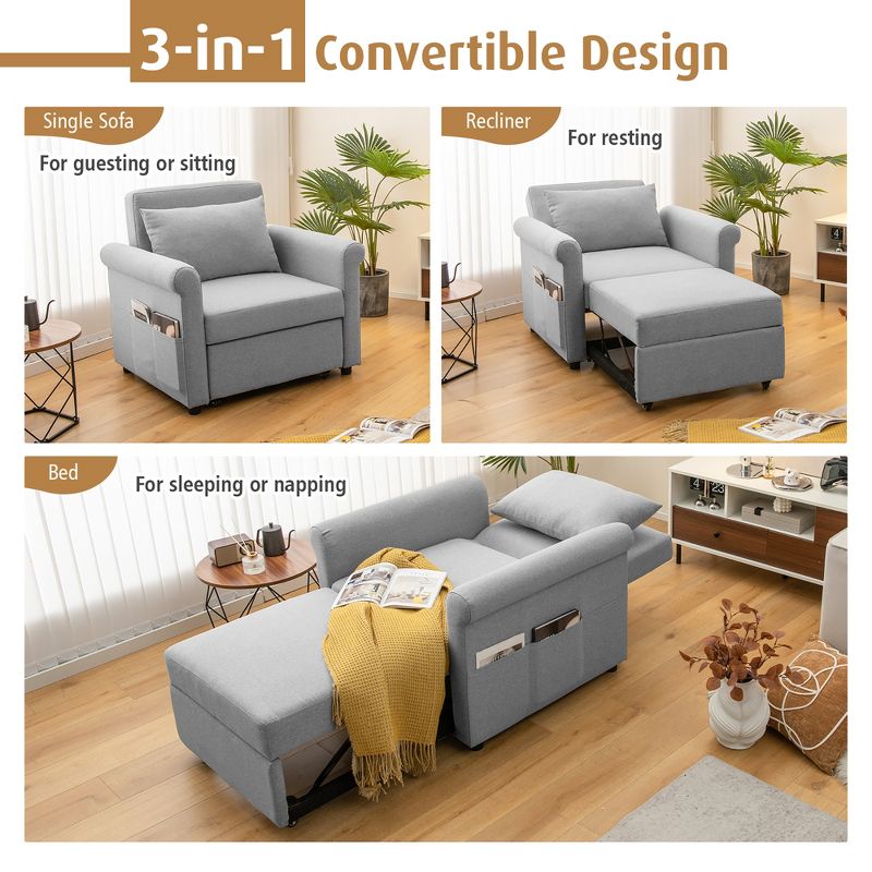 Costway Convertible Sofa Bed 3-in-1 Pull-out Sofa Chair Adjustable Reclining Chair Grey, 5 of 11