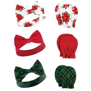 Hudson Baby Infant Girl Cotton Headband and Scratch Mitten Set, Poinsettia, 0-6 Months - 1 of 4