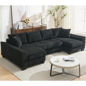 114" U-Shaped Sectional Sofas, Pull-Out Corduroy Sofa Bed, Oversized 2-in-1 Sectional Couch, Adjustable Sleeper Sofa - 1 of 4