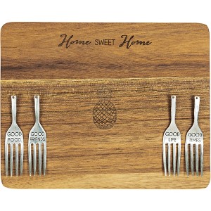 Pavilion Gift Company - Sweet Home Pineapple 7 x 9 Inch Cutting Cheese Board, Set Of 4 Forks With Debossed Text, 9", Brown - 1 of 4
