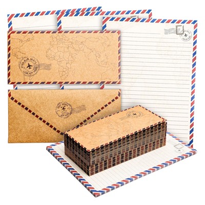 Pipilo Press 48-Pack Vintage Stationery Paper & Envelopes Letter Set, Lined Classic Airmail Travel Theme, 6.9 x 9.25"