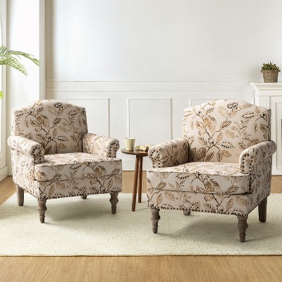 Set of 2 Yahweh Wooden Upholstered Armchair with Panel Arms and Camelback for Bedroom  | ARTFUL LIVING DESIGN
