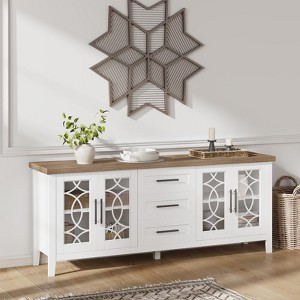 Gray Farmhouse TV Stand with Glass Door – 70 Inch Compatible Mid-Century Entertainment Center, 2 Storage Doors & 3 Drawers - 1 of 4