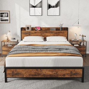 King Size Bed Frame with Charging Station and USB Ports, with Wooden Headboard and Footboard, with 2 USB Ports & 2 AC Outlets, Retro Brown - 1 of 4