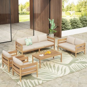 Christopher Knight Home Jacinda 5 Piece Ourdoor Rustic Upholstered Seating Set with Slat Design - 1 of 4