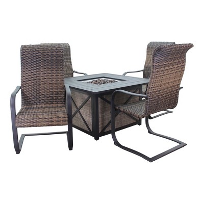 Courtyard Casual Santa Fe 5 pc Square Fire Pit Set with Wicker Spring Chairs  Includes One Square Fire Pit and Four Spring Chairs with Wicker Seats