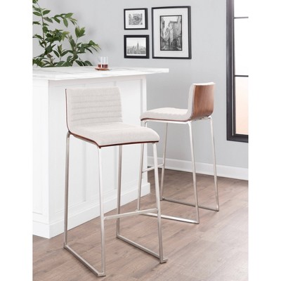 Mason Mara Cream Fabric Stainless Steel Walnut Barstool Set
