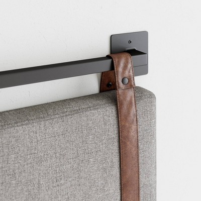Gray Upholstered Full Wall Mount Headboard with Brown Leather Straps