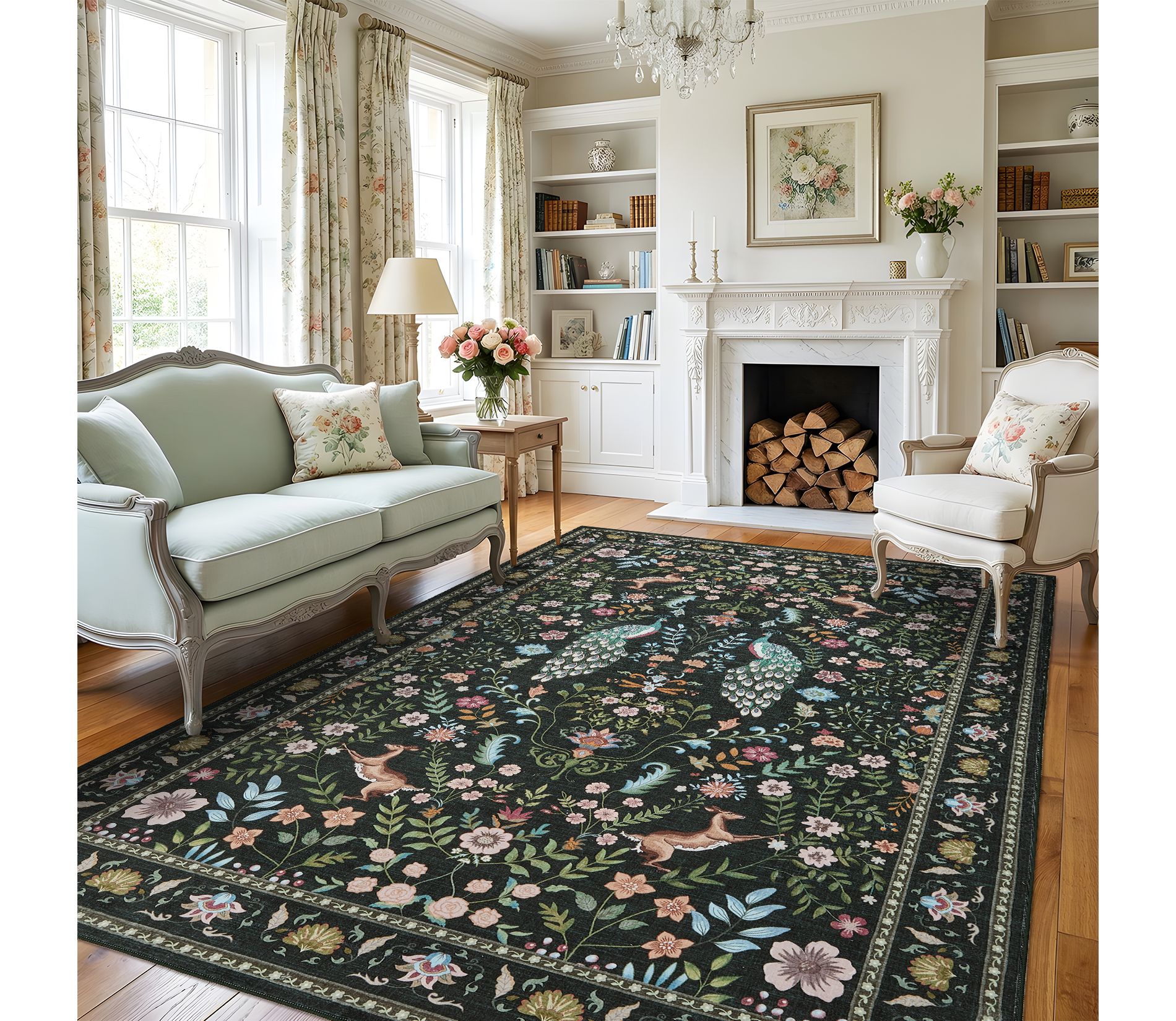 9'x12' Peacock Farmhouse Large Washable Non Slip Area Rug for Dining Room Playroom Office, Stain Resistant Non-Shed Indoor Carpet