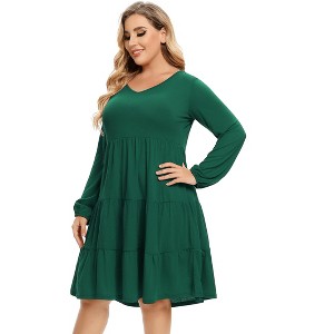 plus Size V-Neck Multi-Layered Ruffle Long Sleeve Dress - 1 of 4