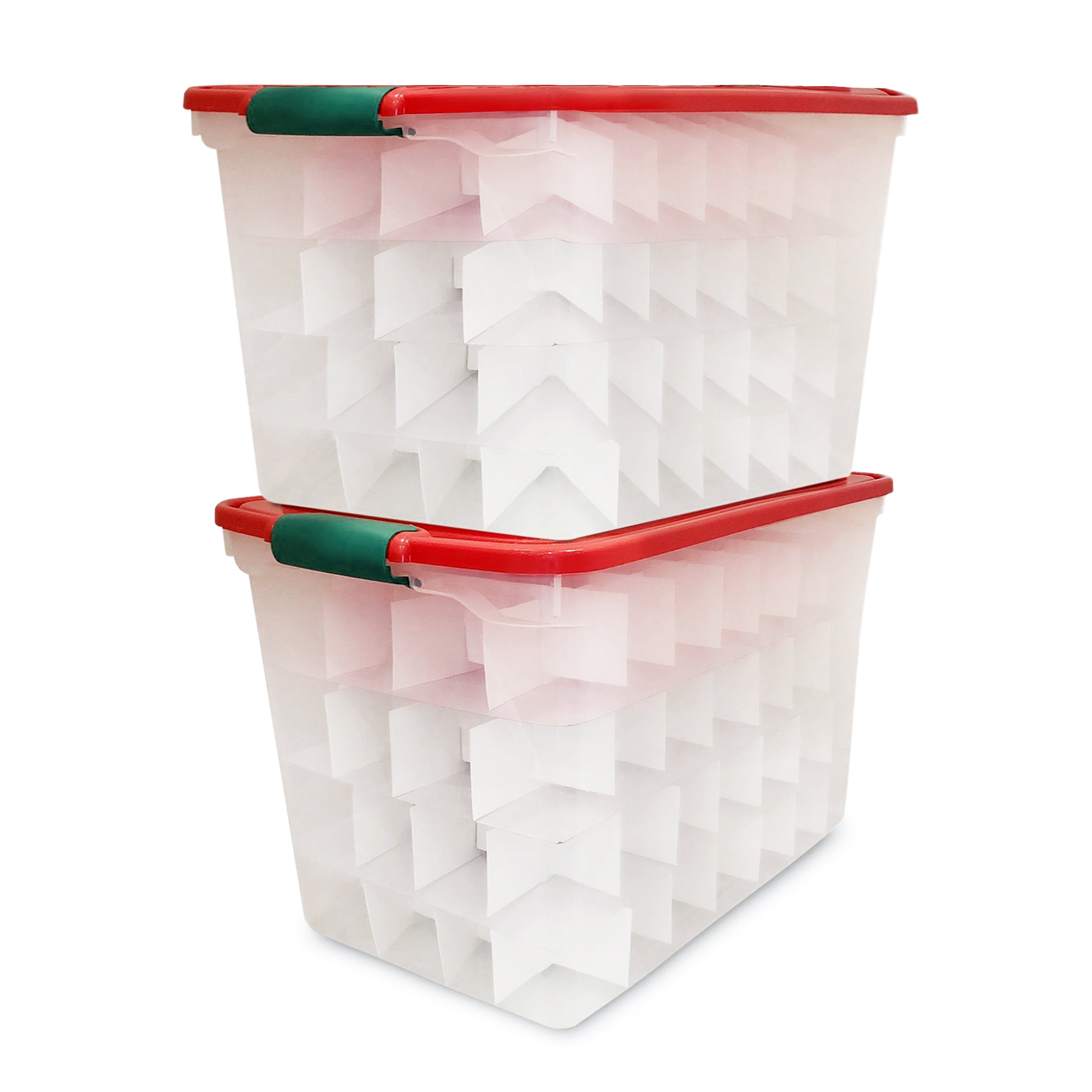HOMZ 112-Quart Holiday Clear Plastic Ornament Storage, Red/Green, 2 Pack