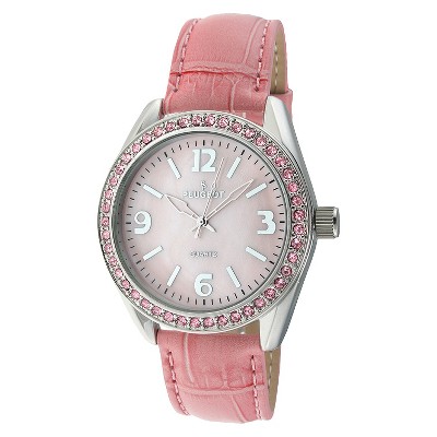 Women's Peugeot Crystal Accented Leather Strap Watch with crystals from Swarovski - Silver & Pink