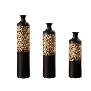 AENKYO Set of 3 Metal Tall Floor Vases, Gold Geometric Cylinder Vases with Vine Patterns -  for Living Room & Home Decor - 25"/29"/34" Height - 1 of 4
