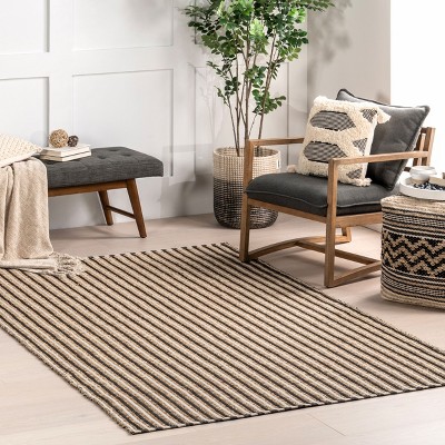 Ivory and Black Striped Cotton Flat Woven 4' x 6' Rug
