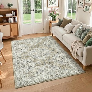 8x10 Brown Vintage Rug, Low Pile Soft Non-Shedding Washable Carpet with Non-Slip Rubber Backing for Living Room & Bedroom - 1 of 4