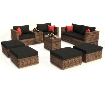 SKRAN Outdoor Patio Garden Wicker Sectional Sofa Set with Cushions and Pillows,w/Furniture Protection Cover for Backyard Deck