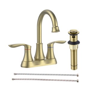 Cobbe Bathroom Faucet Brushed Gold with Pop up Drain & Supply Hoses 2-Handle 360 Degree High Arc Swivel Spout Centerset 4 Inch Vanity Sink Faucet - 1 of 4