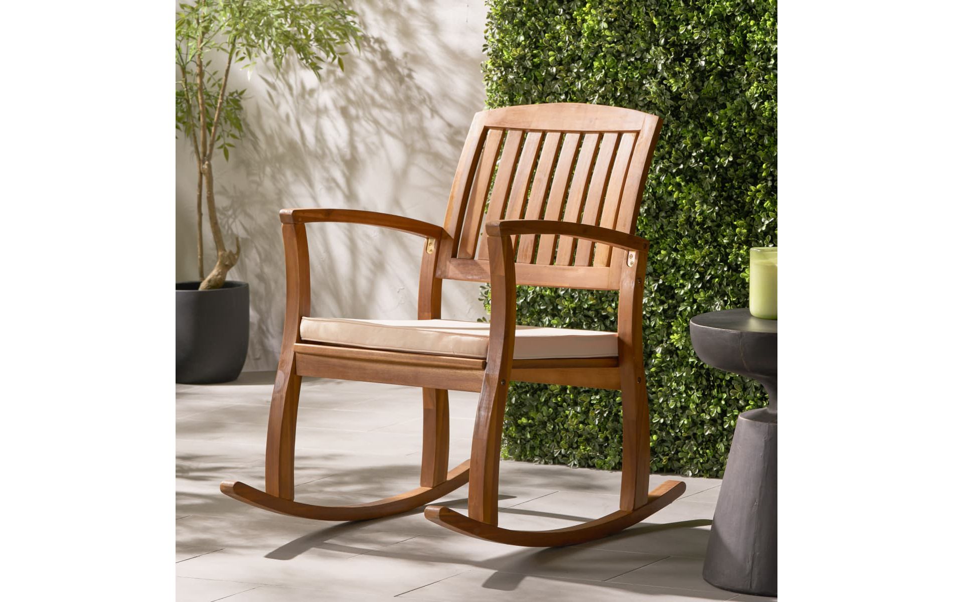 Brown Outdoor Rocking Chair with Upholstered Cushions, Slatted Backrest and Curved Armrests for Patio, Garden, Backyard or Poolside-Tanpinhause