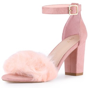 BLISSFUL STEP Women's Ankle Strap Faux Fur Open Toe Chunky Heel Sandal - 1 of 3
