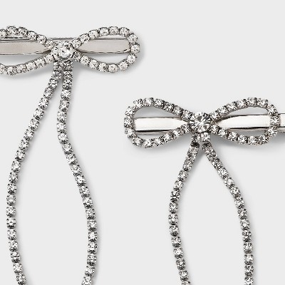 Girls' 2pk Rhinestone Chain Bow Clip Set - art class Silver - image 3