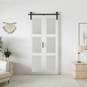 SMARTSTANDARD Bifold Barn Door 84 in. Height 3-Lite Frosted Glass MDF Bi-fold Sliding Closet Doors with Hardware Kit Included, Predrilled - 1 of 4