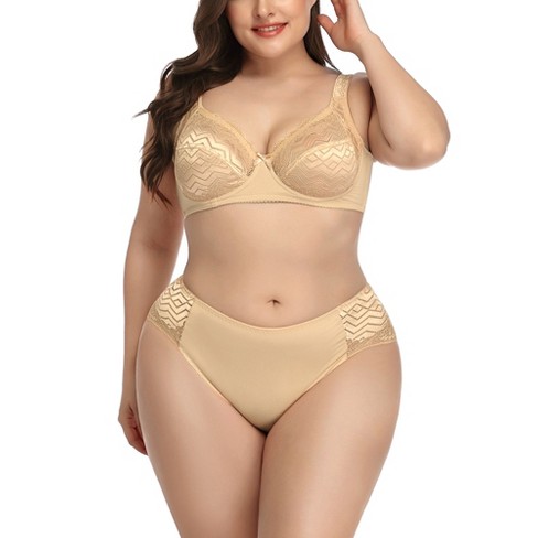 Agnes Orinda Women's Plus Size Underwire Push-up Lace Trim Adjustable Straps  Comfort Bra And Panty Set Beige 42c : Target