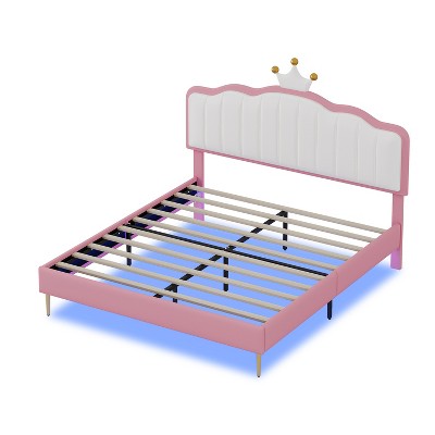 TiramisuBest Full size Upholstered Princess Bed With Crown Headboard - Pink PU Design
