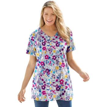 Woman Within Women's Plus Size Perfect Printed Short-Sleeve V-Neck Tunic
