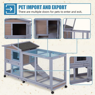 Large Gray Wooden Two-Story Guinea Pig Hutch with Wheels