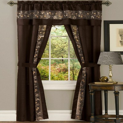 Kate Aurora Complete 5 Pc Window in a Bag Embroidered Floral Country Flax Sheer Curtain & Valance Set