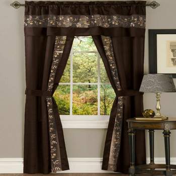 Kate Aurora Complete 5 Pc Window in a Bag Embroidered Floral Country Flax Sheer Curtain & Valance Set