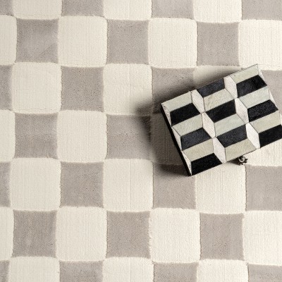 Cream and Gray Checkered Machine Washable Synthetic Area Rug, 3' x 5'