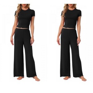 INSPIRE CHIC Women's 2 Pcs Knitted Short Sleeve Top Ruffled Long Wide Leg Pants Pajama Suits - 1 of 4