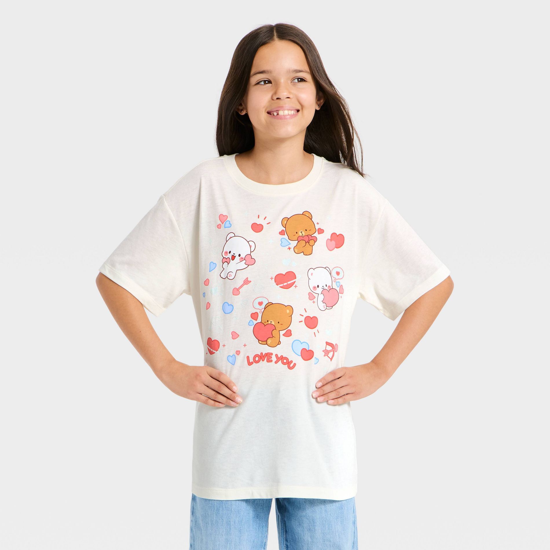 Girls' Milkmochabear Short Sleeve Teddy Bears and Hearts Oversized T-Shirt - Cream