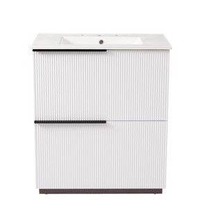 Vynxaria 30 Inch Pure White Fluted Bathroom Vanity with Ceramic Sink One Complete Set Solid Wood Cabinet Two Full Extension Soft Close Drawers 16 Inch - 1 of 4