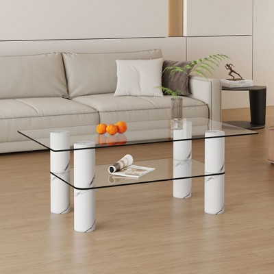 NicBex Stylish Double-Layered Transparent Tempered Glass Coffee Table,Rectangular Tea Table,Wooden Center Table for Living Room