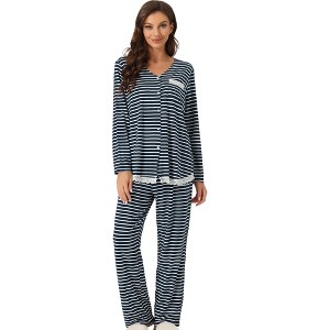 cheibear Women's Modal Casual Button Down Lounge Tops with Pants Stretchy Soft Pajama Sets - 1 of 4