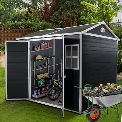 Carbon Black 8x6 FT Resin Outdoor Storage Shed with Windows and Double Doors