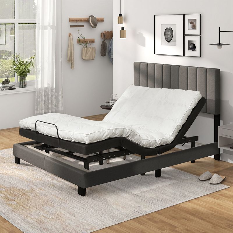 Costway Queen Upholstered Platform Bed Frame Mattress Foundation Box Spring Needed Gray, 4 of 11