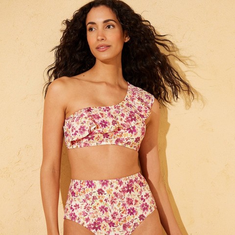 Shade & Shore Women's Flounce Ditsy Floral One Shoulder Bralette Bikini Top - Shade & Shore™ Pink M