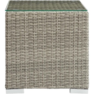 Light Gray Wicker Rattan Glass Outdoor Patio Side Table
