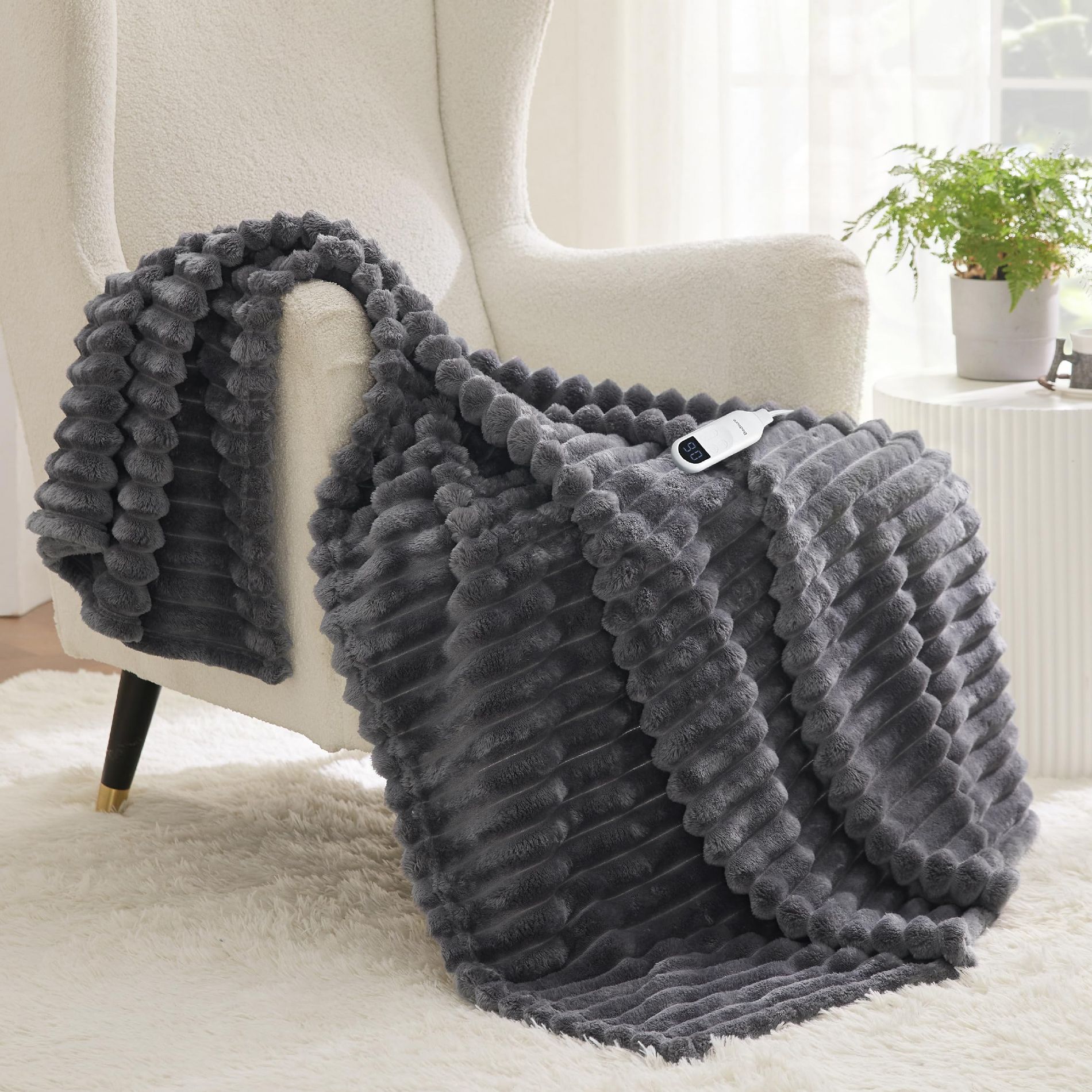 Heated Blanket Electric Throw - Thick Striped Flannel Electric Blanket