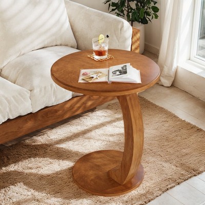 Resenkos Sofa Side End Table, End Table, Couch Table,C-Shaped End Table, Round Solid Wood Side Table for Living Room,Brown