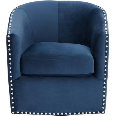 Navy Blue Fabric Swivel Barrel Chair with Silver Nailhead Trim
