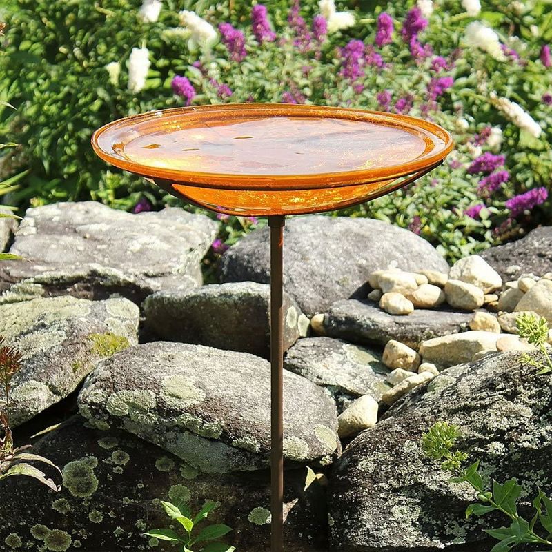Achla Designs Reflective 14 Inch Hand Blown Crackle Glass Birdbath with 36 Inch Tall Ground Stake for Backyard Gardens and Habitats, Mandarin, 5 of 7