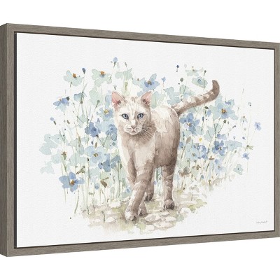 Bohemian Blue Cat Canvas Wall Art Print with Gray Frame