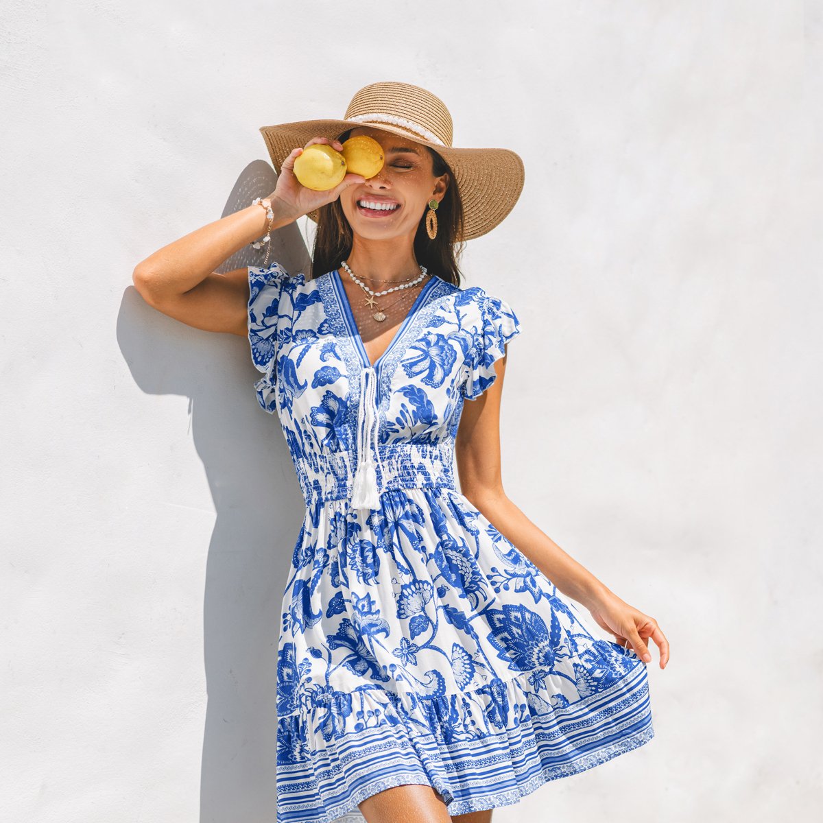 Женские платья Cupshe Women's Floral Print Ruffle Sleeve Smocked Dress-S-Blue — фото 4
